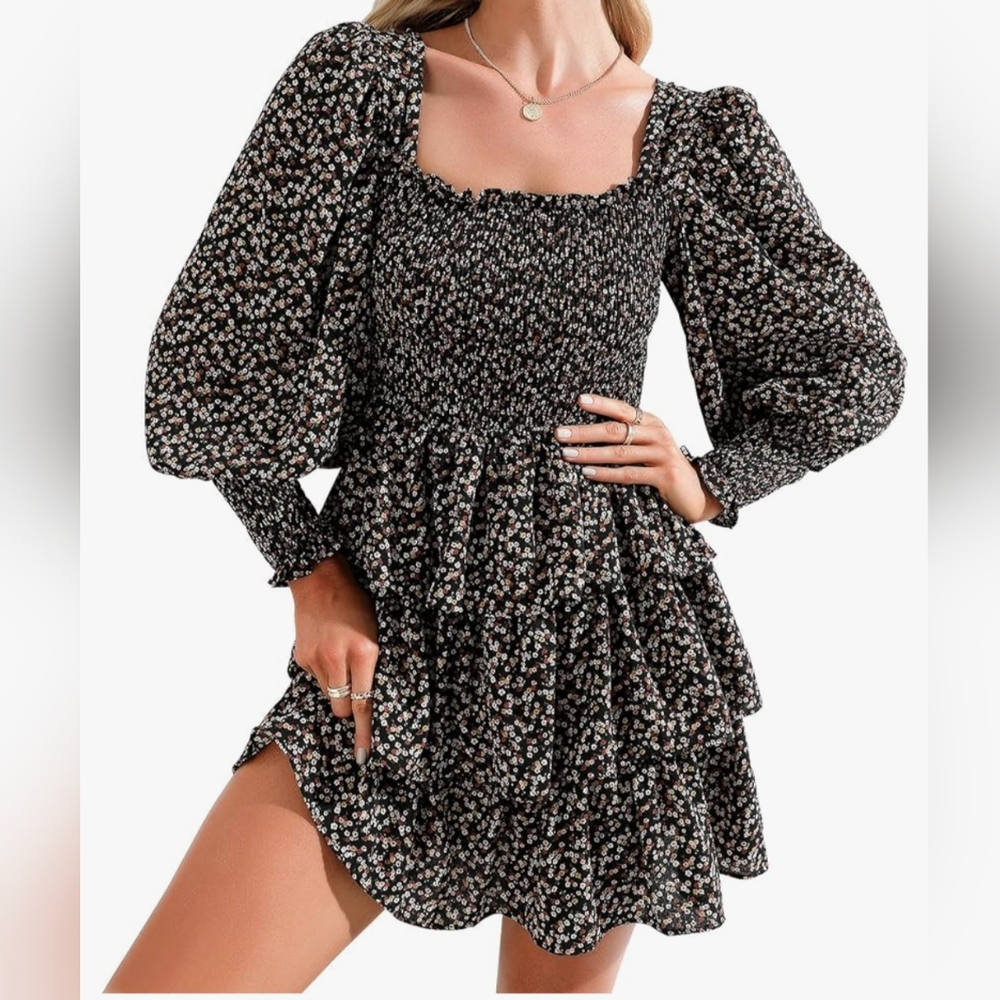 Square Neck Ruffle Dress Long Sleeve Floral Print Mini Dress